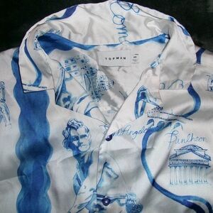 Topman Blue and White Printed Silk Shirt